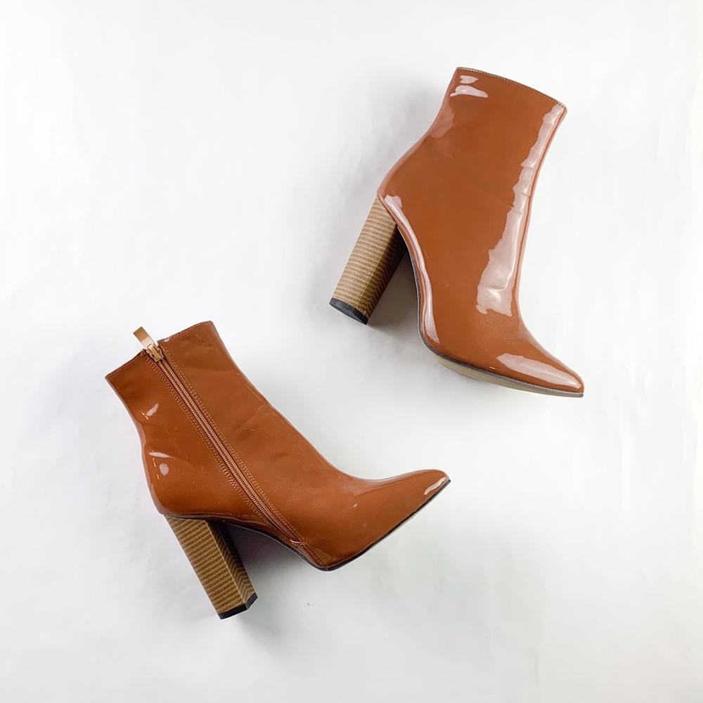 SHEIN Brown Patent Leather Chunky Heeled Ankle Boots (Size: US-8 EU-41)